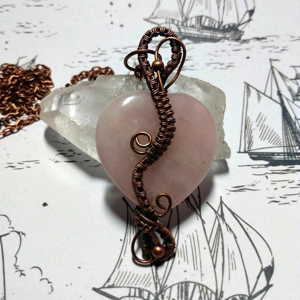 Rose quartz heart wrapped in copper patina